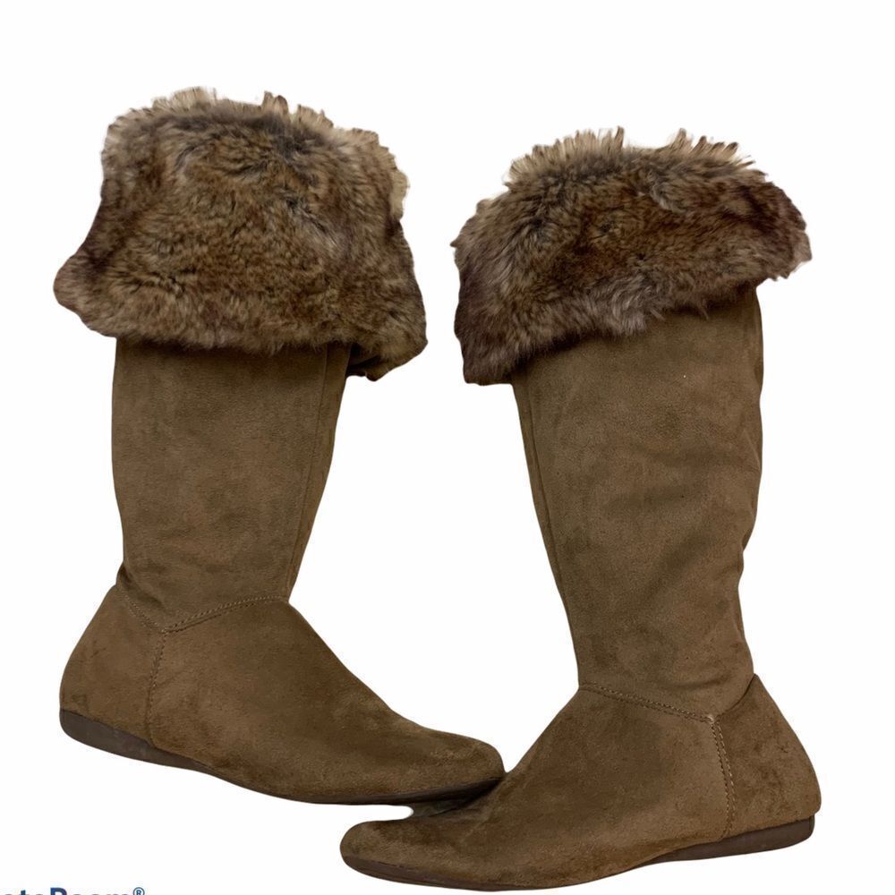 Report vegan suede and fur tan mid shaft boots